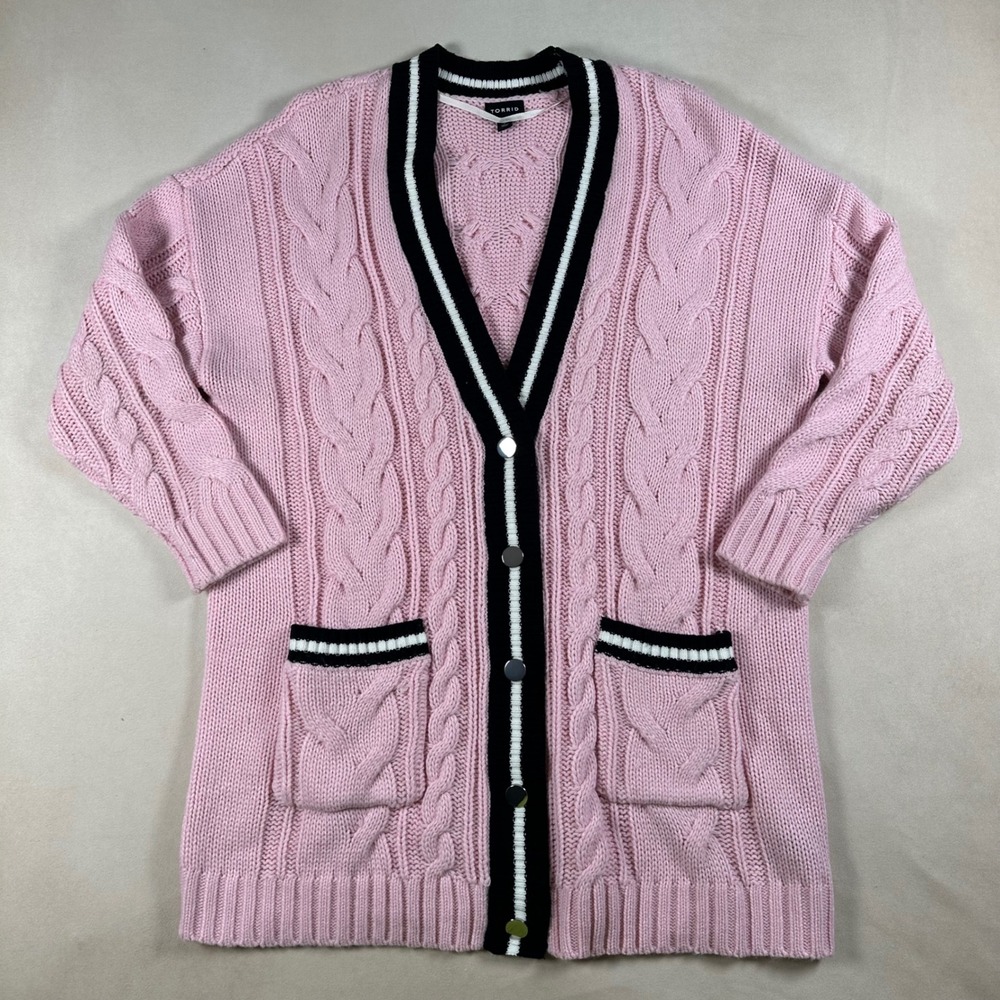 Torrid Cardigan Sweater Womens 0 Pink Cable Knit Varsity Stripe V-Neck Button Up
